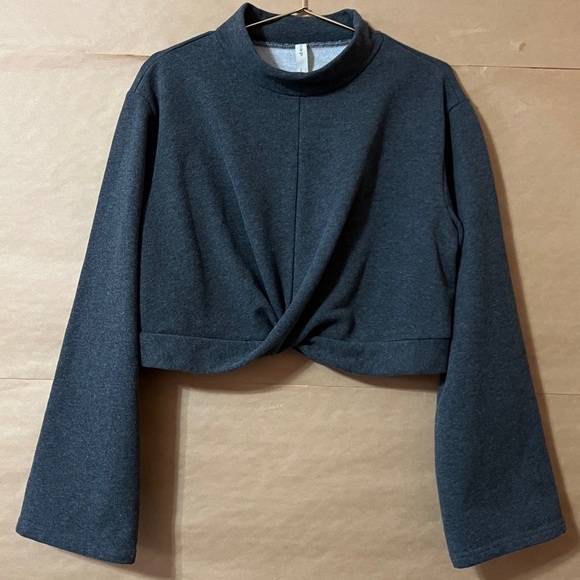 Nap Tops - Nap Loungewear | Mock Neck Crop Top Twist Pullover Sweatshirt Dark Grey Size L